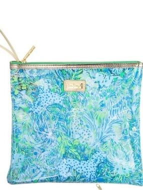 Lilly Pulitzer Blue and Green Vinyl Zip Cosmetic Pouch with Gold Accent